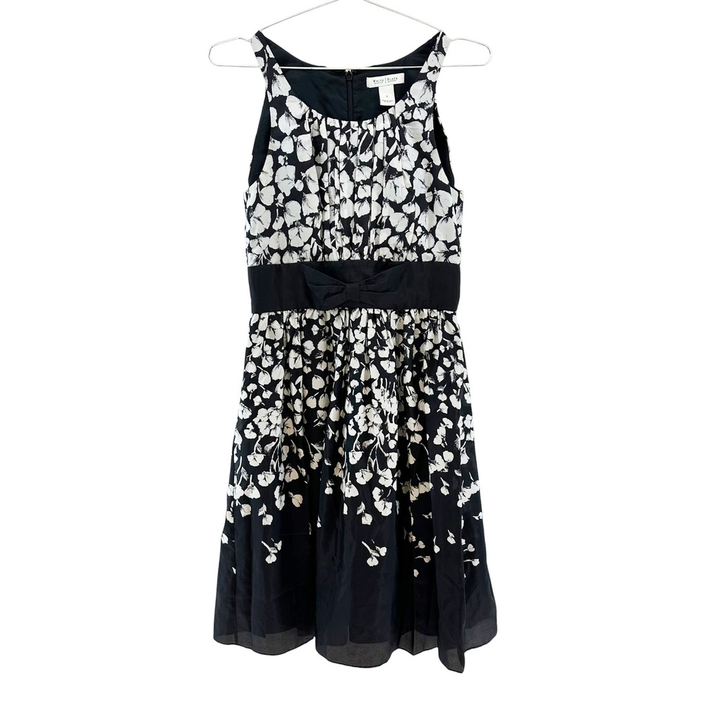 WHBM 100% Silk Floral Sleeveless Dress • 4 • black white • chic preppy office